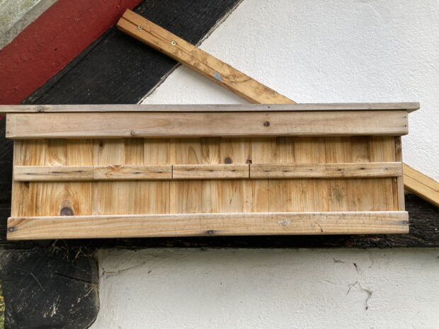 Haussperling-Nistmöglichkeit aus unbehandeltem Nadelholz an Wand gehängt