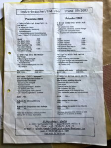 Blatt Papier mit einer Preisliste für Pedelecs und Umbausätzen von 2003